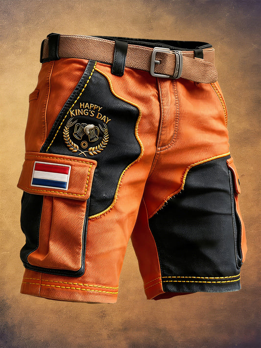 Heren Nederlandse Vlag Koningsdag Vintage Patchwork Print Casual Werkkleding Shorts