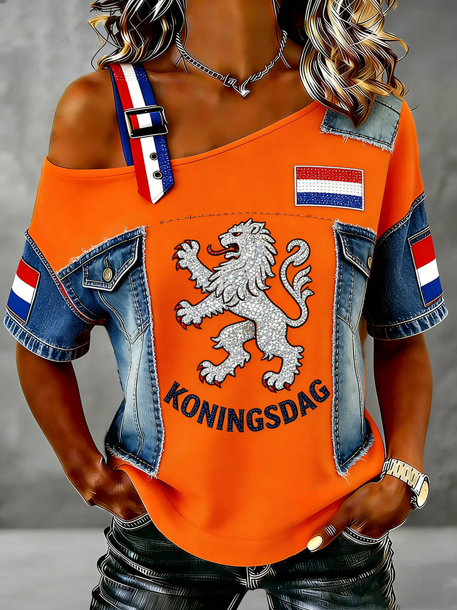 Dames vintage off-shoulder top voor Nederlandse koningsdagvieringen