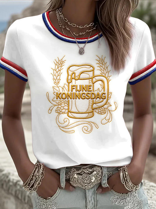Dames Wit Nederlandse Koningsdag Geborduurd 3D Print Casual T-shirt