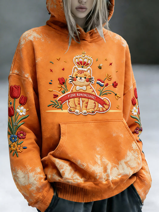 Nederlandse Koningsdag schattige kattenprint casual sweatshirt met capuchon voor dames