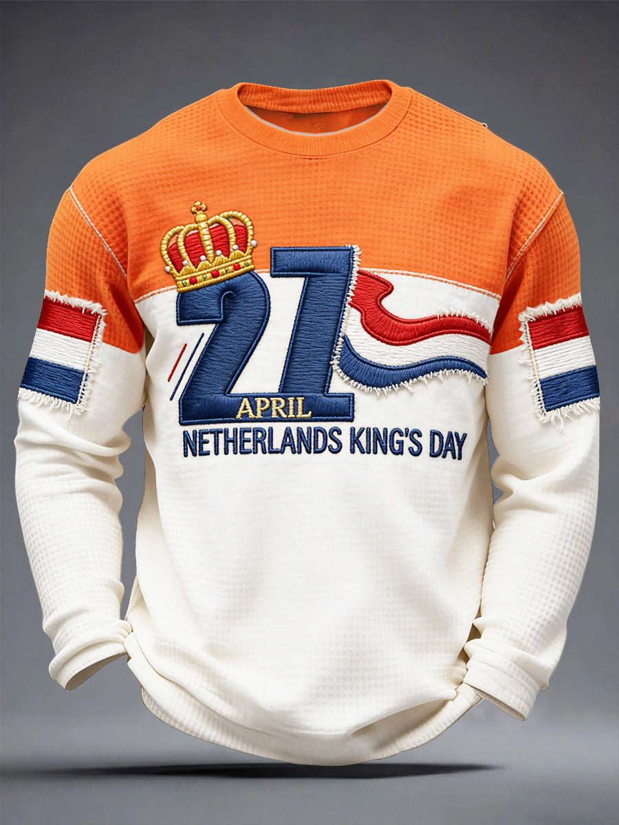 Heren koningsdag patchwork print casual lange mouw wafel weave T-shirt