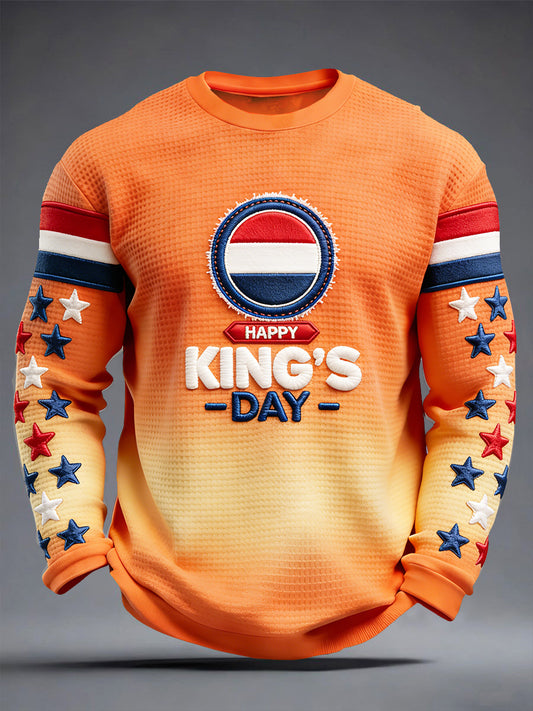 Heren Nederlandse Vlag Koningsdag Gradiënt Print Waffle Weave Casual T-shirt met lange mouwen