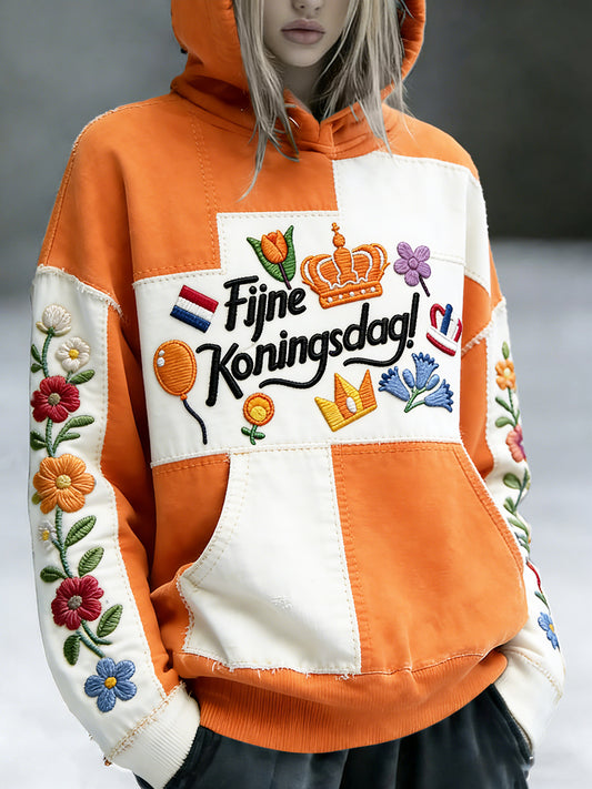 Nederlandse Koningsdag cartoon patchwork print casual sweatshirt met capuchon