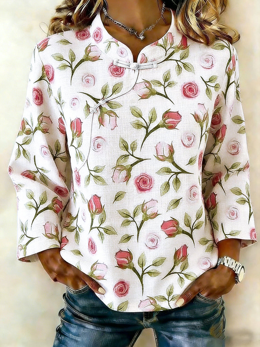 Dames T-shirt van katoen en linnen met bloemenpatroon