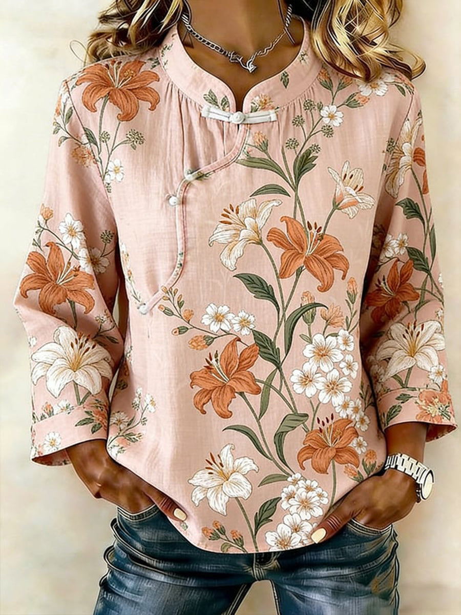 Dames T-shirt van katoen en linnen met bloemenpatroon