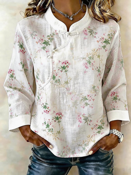 Dames gebloemde katoen en linnen T-shirt