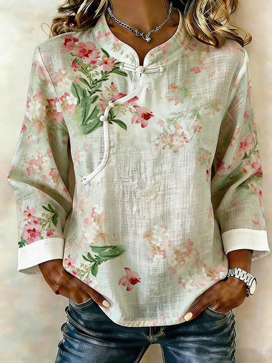 Dames T-shirt van katoen en linnen met bloemenpatroon