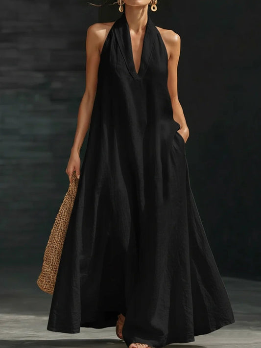 Dames effen kleur V-hals katoenen linnen jurk