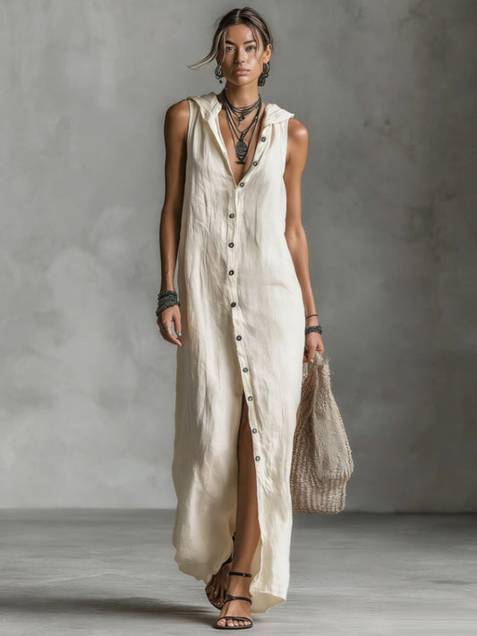 Casual losse, mouwloze katoenen linnen jurk met capuchon voor dames