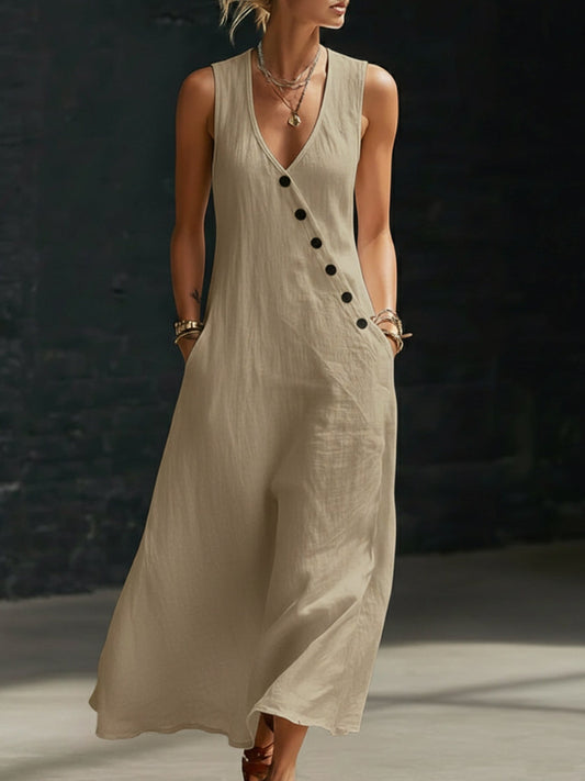 Katoenen linnen, mouwloze hemdjurk met V-hals en knoopsluiting voor dames