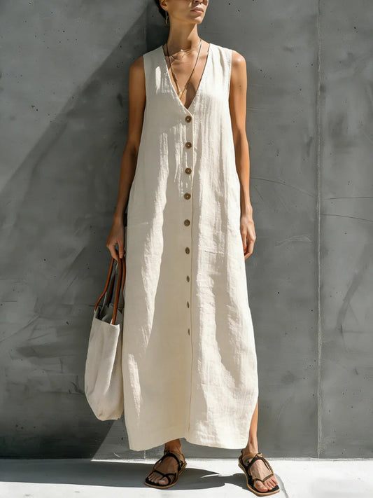 Dames katoenen linnen V-hals knoop mouwloos losse lange jurk