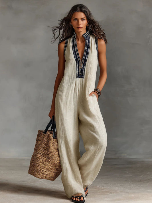 Dames effen kleur linnen mouwloze jumpsuit
