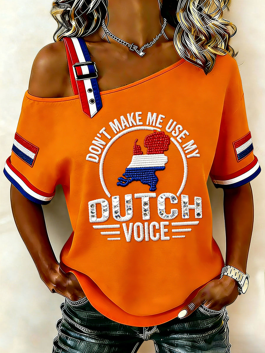 Retro koningsdag dameskaart casual off-the-shoulder T-shirt