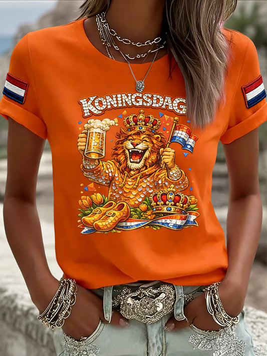 Dames Retro Koningsdag Leeuw Bier Casual T-shirt