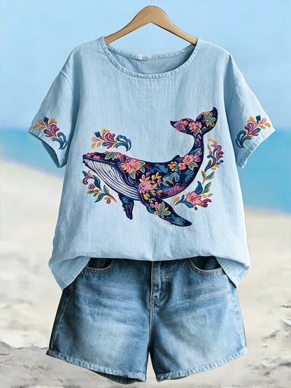 Dameswalvis bloemenkunst linnen T-shirt met korte mouwen