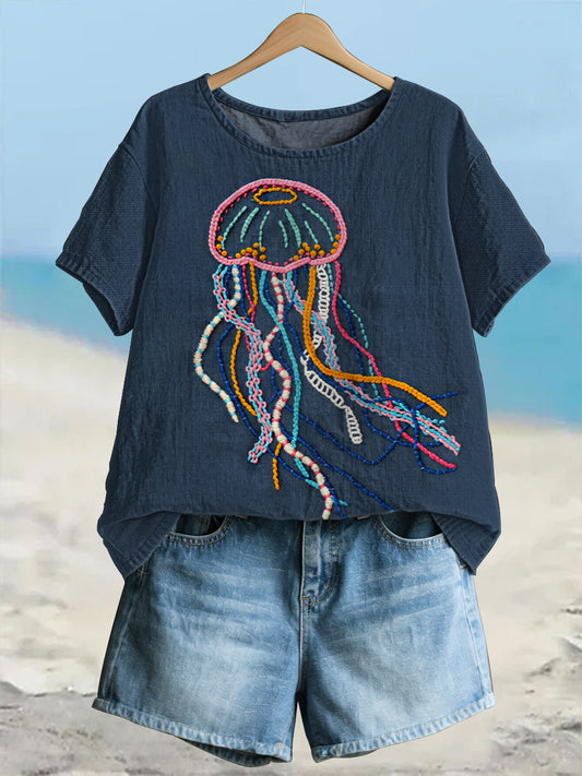 Kleurrijke kwallen kunstlinnen T-shirt met korte mouwen voor dames