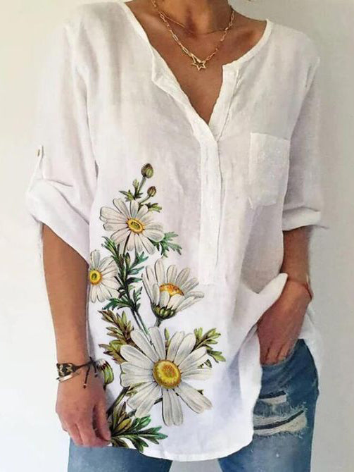 Dames gebloemd linnen blend shirt