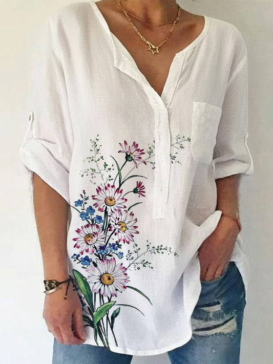 Dames gebloemd linnen blend shirt