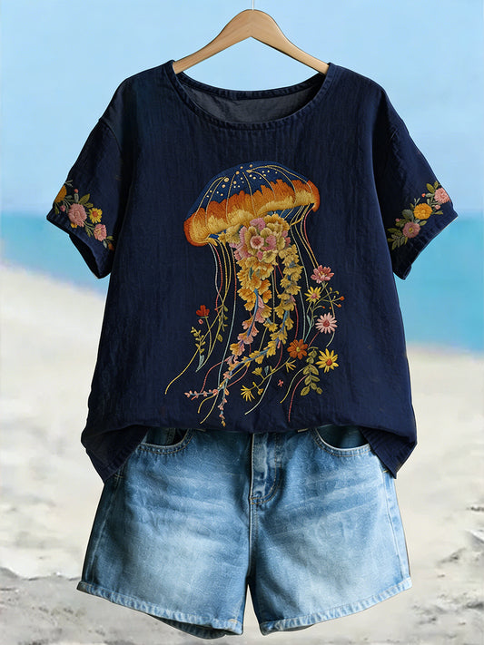 Stijlvolle bloemenkwallen bloemenkunst linnen T-shirt met korte mouwen voor dames