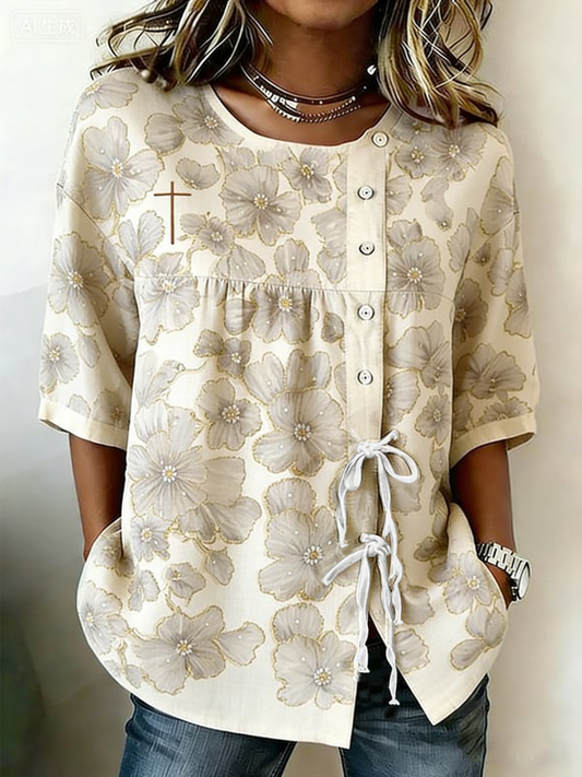 Dames Geloof Bloem Knoopband Katoen En Linnen Overhemd