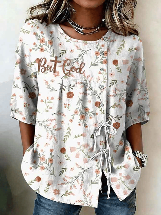 Damesoverhemd van katoen en linnen met bloemenmotief, knoopsluiting en bandjes