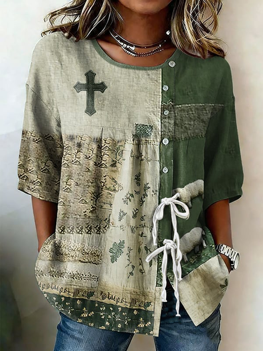 Dames Geloof Bloem Knoopband Katoen En Linnen Overhemd