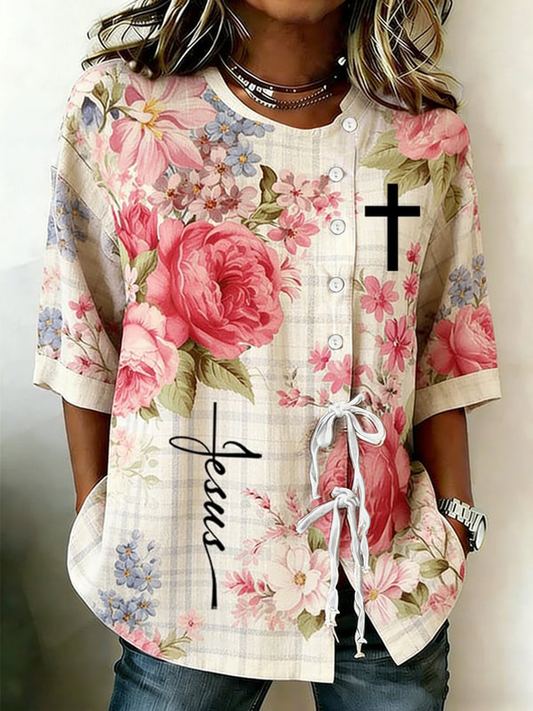 Dames Jezus plant en bloem met knopen en geregen katoen en linnen shirt