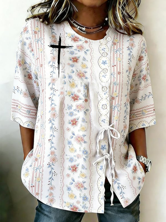 Dames kruisbloem knoopband katoen en linnen shirt