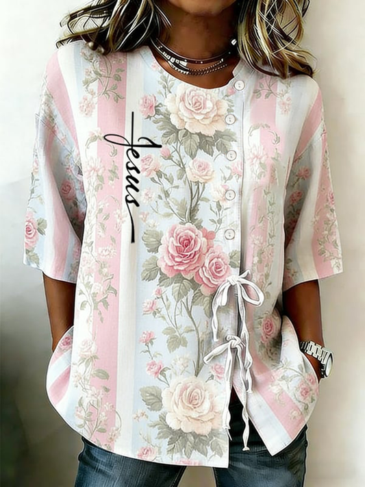 Dames Geloof Bloem Knoopband Katoen En Linnen Overhemd