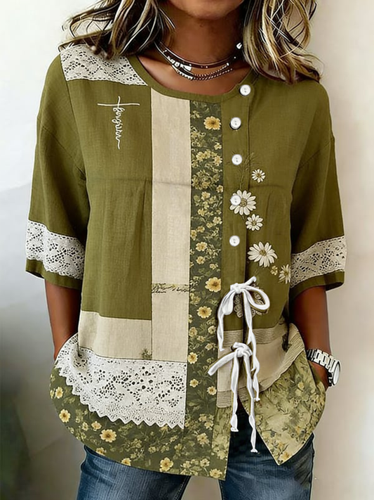 Damesoverhemd van katoen en linnen met bloemenmotief, knoopsluiting en bandjes