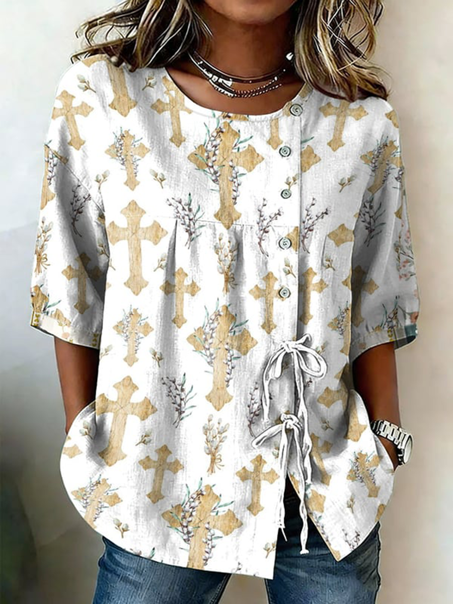 Dames Geloof Bloem Knoopband Katoen En Linnen Overhemd