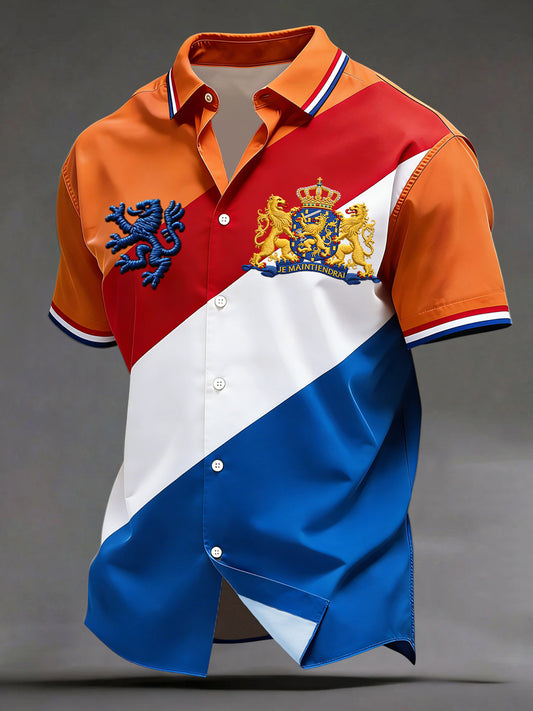Retro koningsdag gestreept patchwork kunst casual shirt