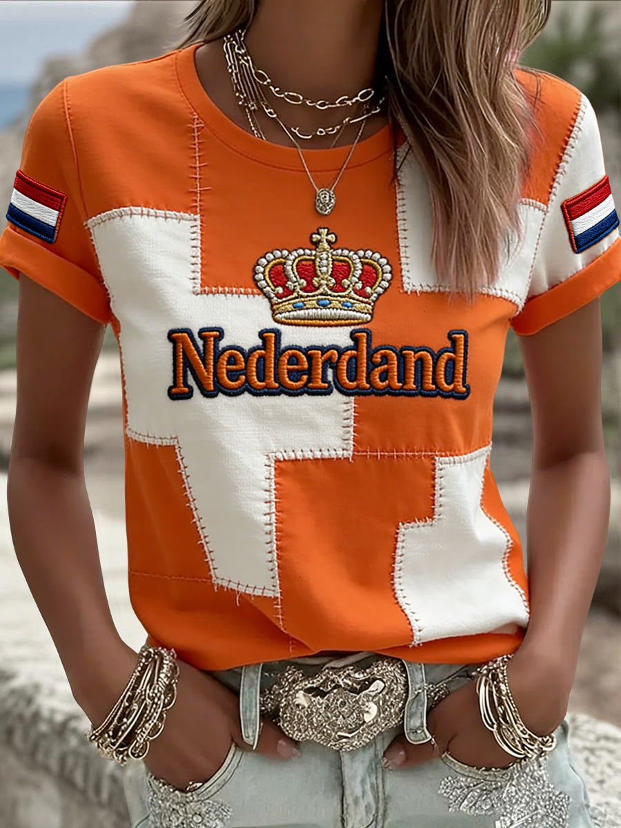 Dames Retro Koningsdag Patchwork Casual T-shirt