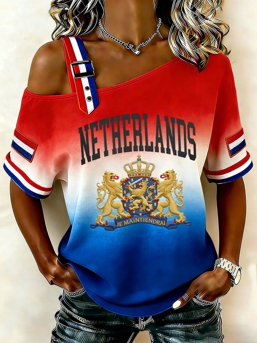 Dames retro koningsdag gradiënt casual off-the-shoulder T-shirt