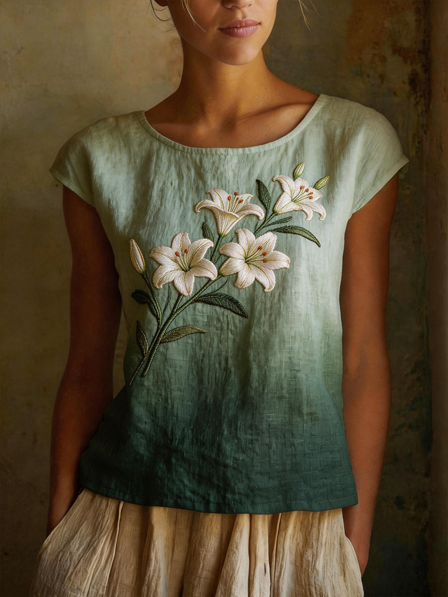 Dames elegante lelie bloemenpatroon linnen blend shirt