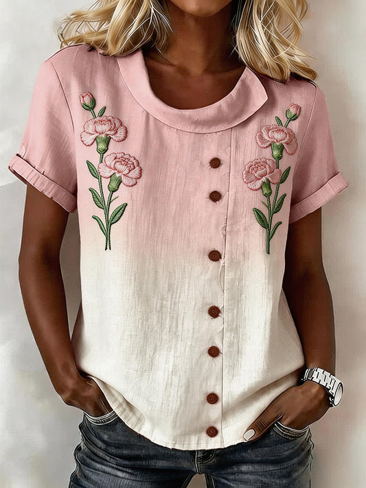 Dames roze anjer bloemenpatroon linnen blend shirt