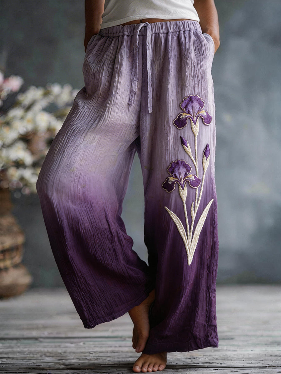 Paarse broek met linnen blend voor dames met irispatroon