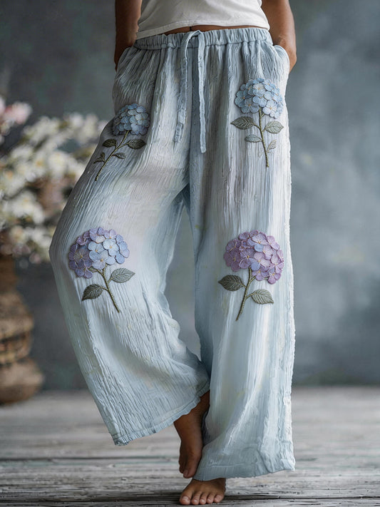 Linnen blend broek met hortensia-patroon voor dames