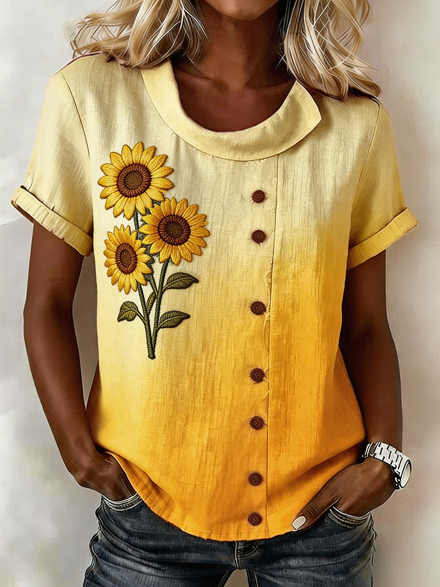 Linnen blend shirt met zonnebloempatroon voor dames