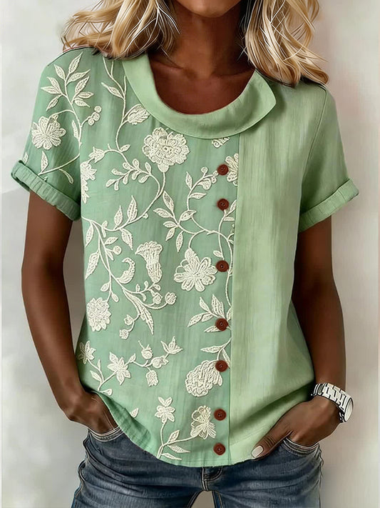 Dames elegant gebloemd linnen blend shirt