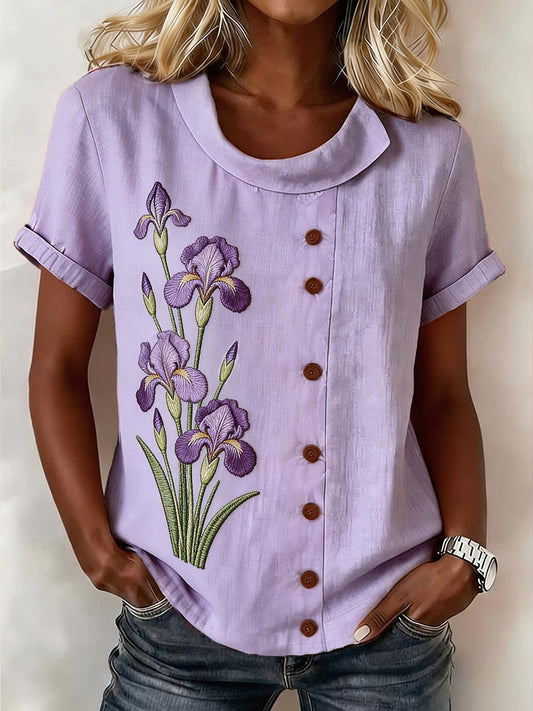 Paars linnen blend-shirt met irispatroon voor dames