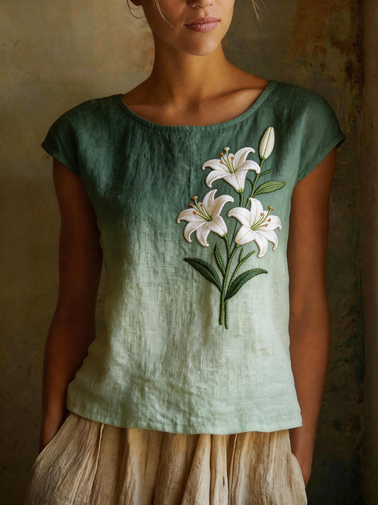 Damesoverhemd van linnenmix met elegante leliënmotieven