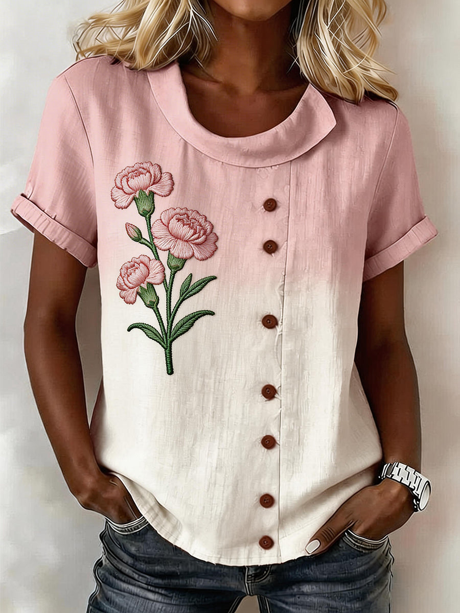 Dames roze anjer bloemenpatroon linnen blend shirt