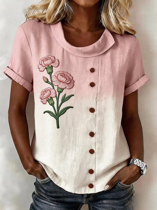 Dames roze anjer bloemenpatroon linnen blend shirt