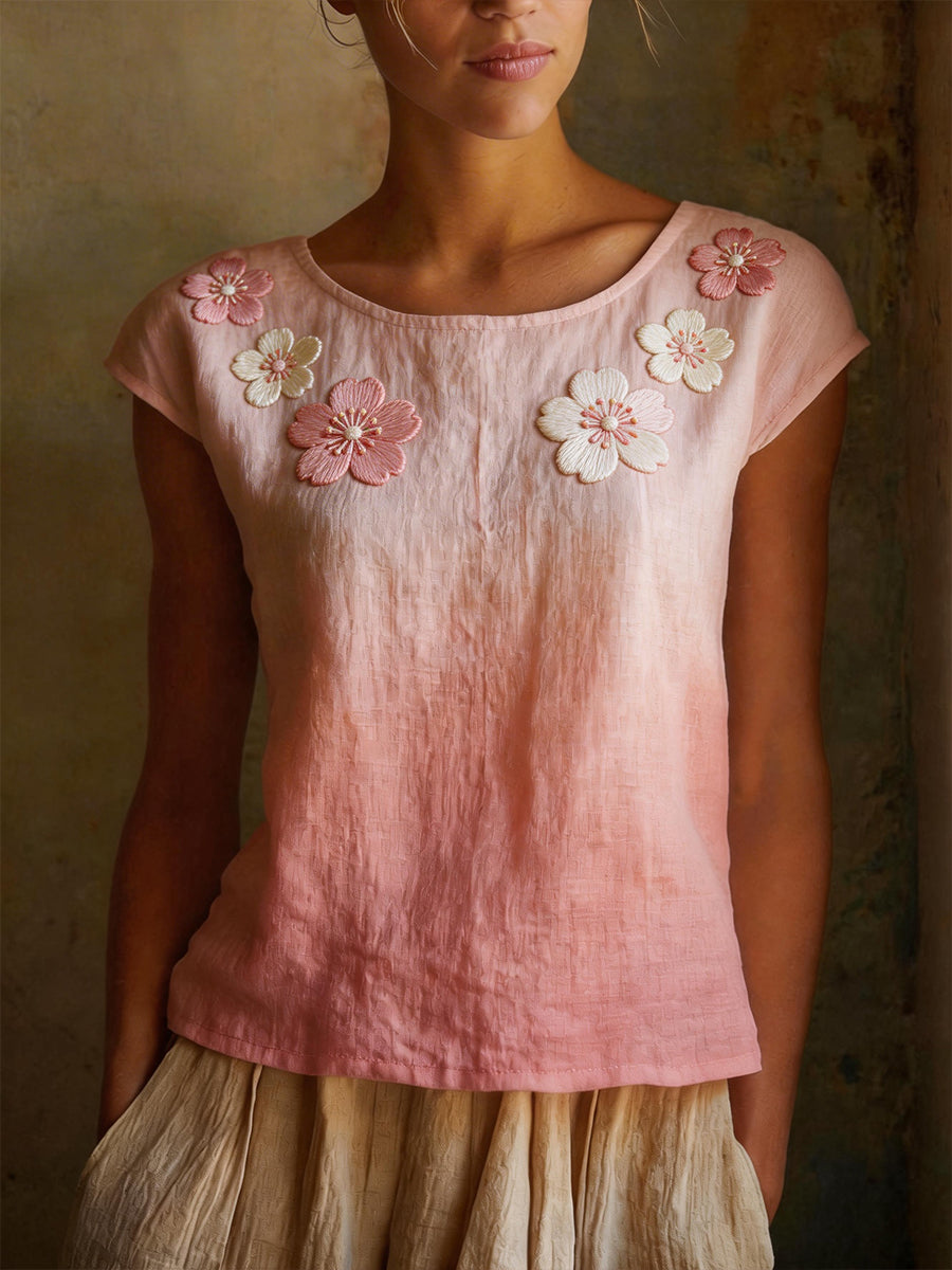 Dames linnen blend shirt met kersenbloesempatroon