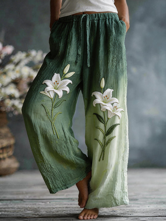 Linnen blend broek met bloeiende lelie-patroon voor dames