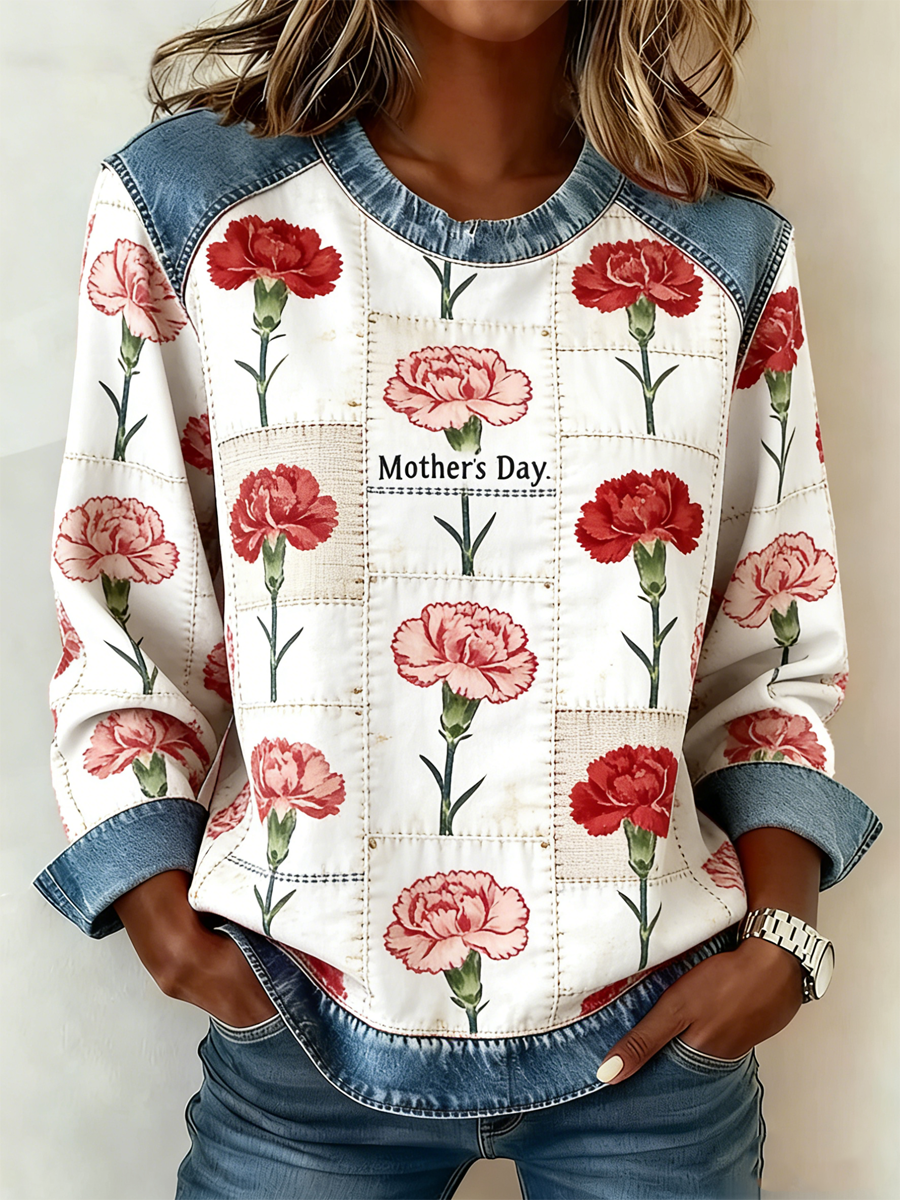 Dames Moederdag Anjer Bloemenprint Denim Patchwork Top