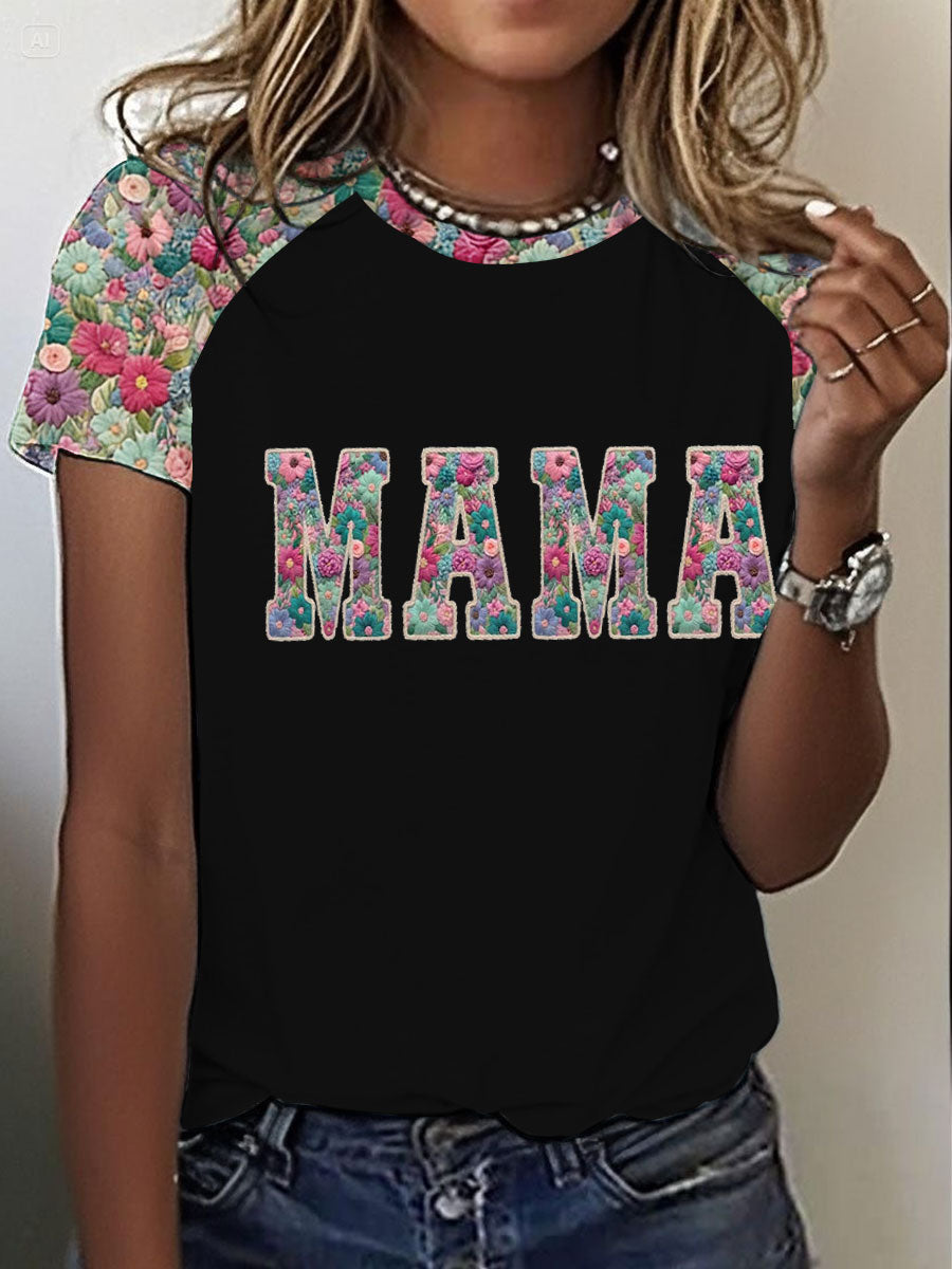 Gepersonaliseerde Mama Bedrukte T-shirt met ronde hals en korte mouwen voor dames