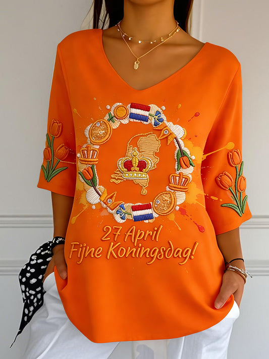 Dames Oranje Nederlandse Koningsdag Tulp Bloemenprint Casual T-shirt met V-hals