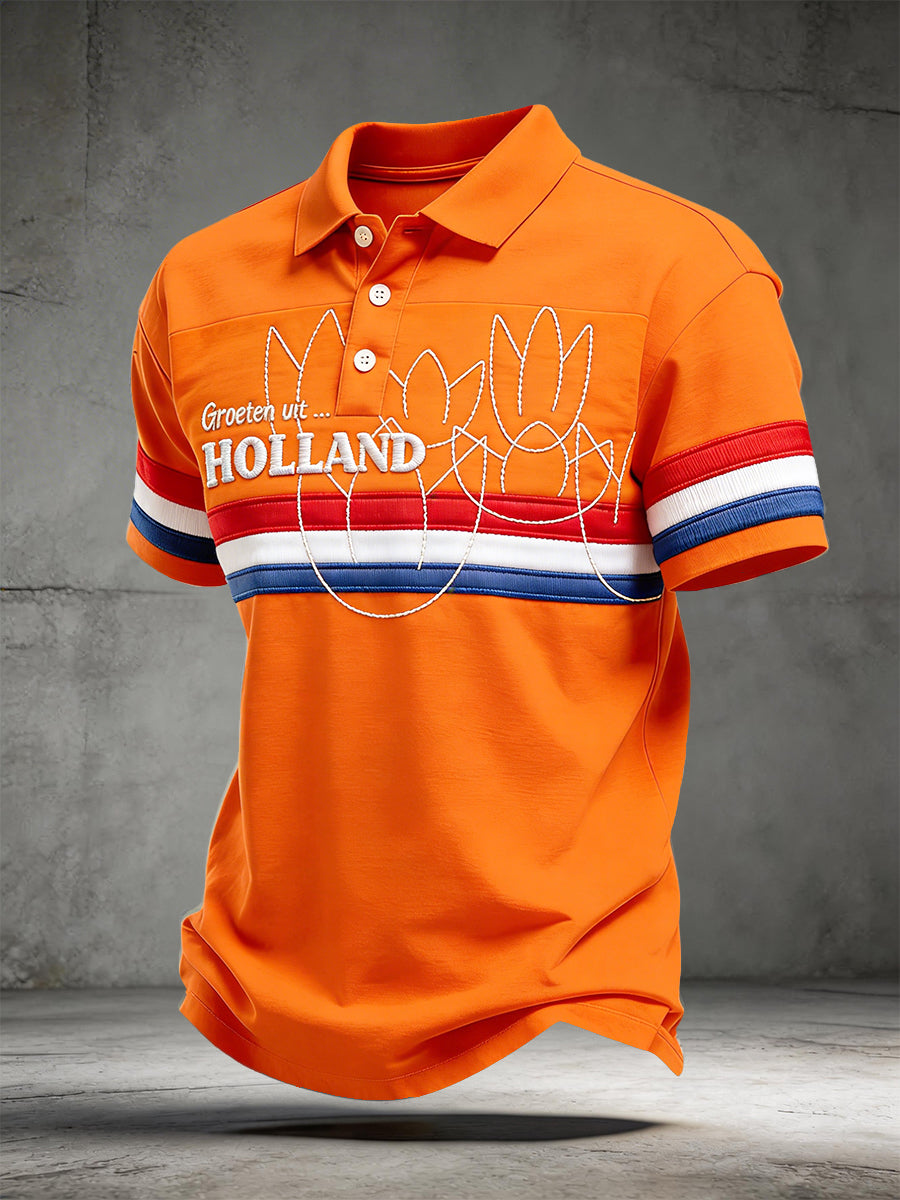 Nederlandse koningsdag tulp patchwork print casual poloshirt met korte mouwen